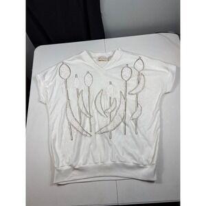 Vintage Cottagecore Botanical Embroidered White Knit Top Womens 2X V Neck